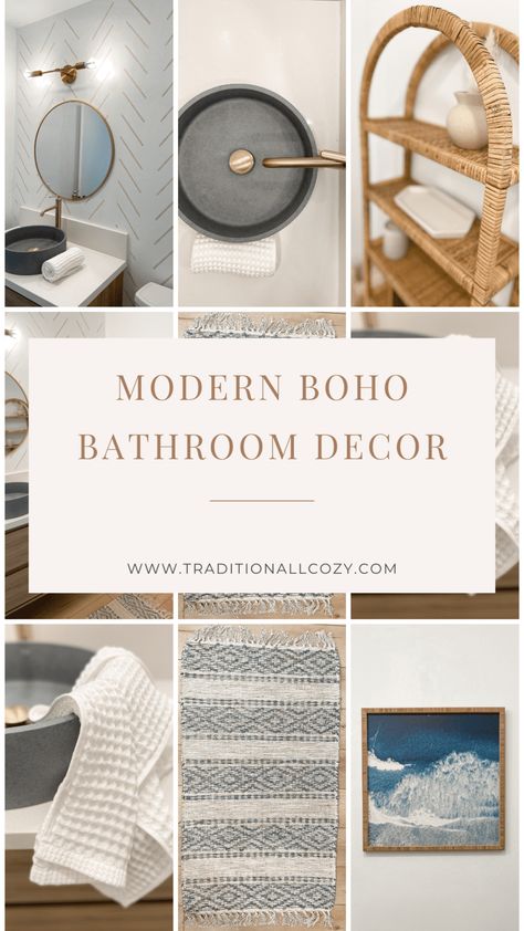 Check out my boho bathroom decor finds in my newly updated modern boho bathroom! Beachy Boho Bathroom, Boho Half Bath, Boho Bathroom Lighting, Boho Esthetics, Boho Half Bathroom, Boho Bathroom Wallpaper, Boho Modern Bathroom, Coastal Boho Bathroom, Modern Boho Bathroom Decor