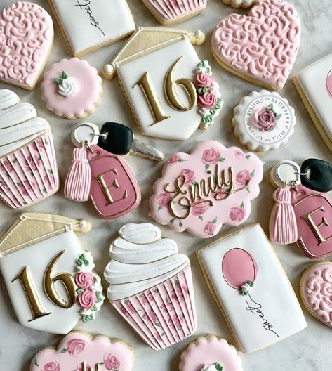 16th Birthday Cookies Girl, Sweet 16 Cookies Pink, Sweet Sixteen Cookies Decorated, Sweet 16 Cookies Decorated, Pink Birthday Cookies, 16 Birthday Cookies, Sweet 16 Sugar Cookies, 16th Birthday Cookies, Sweet Sixteen Cookies