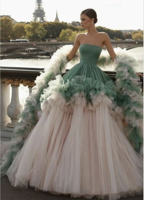 Unique Wedding Dresses Indian, Mint Tulle Dress, Unique Ball Gowns, Ball Gown Couture, Extravagant Gowns, 50 Aesthetic, Cute Prom Dresses, Pretty Prom Dresses, Fairytale Dress