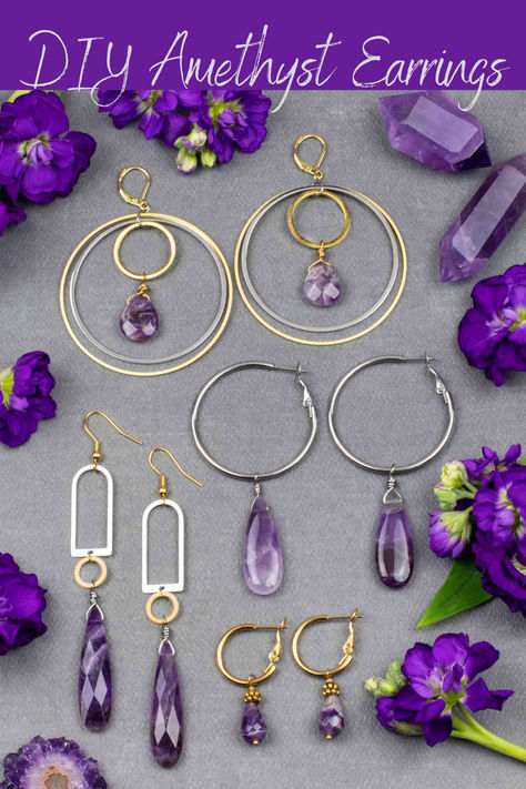 Learn to make these easy amethyst earrings. Video tutorial and supplies listed. Diy Earrings Dangle, Antique Style Jewelry, Metal Art Jewelry, Crystal Stone Jewelry, Diy Jewelry Projects, Easy Diy Jewelry, Magical Jewelry, Diy Wire Jewelry, Wire Work Jewelry