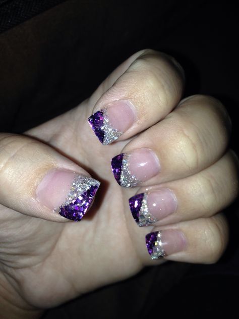 Purple Black And Silver Nails, Cheerleading Nails, Competition Hairstyles, Purple And Silver Nails, Nail Art Tattoo, Nails Gradient, Colored Nail Tips, Gymnastics Competition, Nail Water Decals