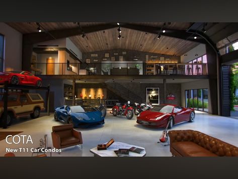 10 Car Garage Design, Large Car Garage, Car Warehouse Dream Garage, High Ceiling Garage, Big Garage Ideas, Multi Car Garage, Giant Garage, Shop With Loft, Tuner Garage