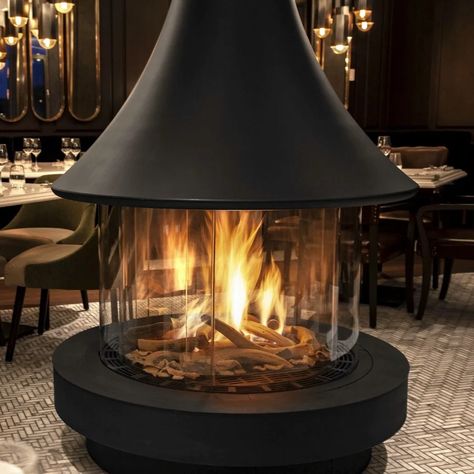 Island and Circle Fireplaces Stand Alone Fireplace Living Rooms, Free Standing Gas Fireplace, Round Fireplace, Decorative Hood, Curved Fireplace, Indoor Gas Fireplace, Wedding Hairs, Standing Fireplace, Luxury Fireplace