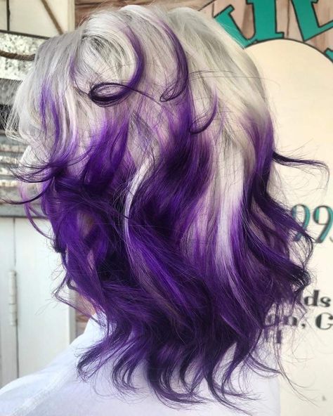 Dark Hair Color Ideas Purple, Purple Hair With White Highlights, White And Purple Hair Short, Dyed Hair Inspiration Short Hair Purple, White Hair With Purple Tips, White Hair Purple Highlights, Violet Highlights In Blonde Hair, Pops Of Color In Hair, Purple Hair With Black Tips