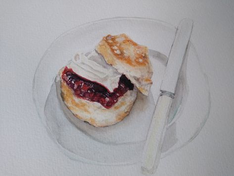 Scone, jam, cream, knife, watercolour, still life, food, food art Tunnocks Tea Cakes, Scones And Jam, Cream Paint, Tea Cakes, Recipe Book, Scones, Photo Shoot, Biscuits, Jam