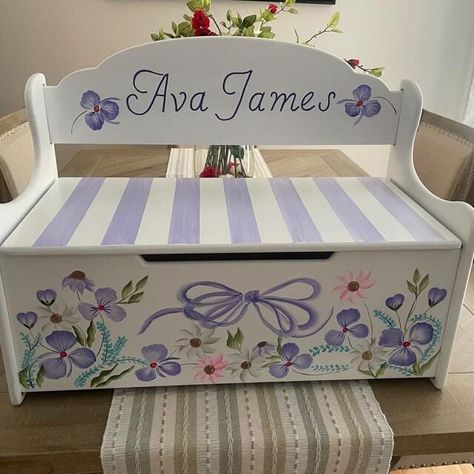 Visit my entire shop - https://ladyjdesignsforyou.etsy.com Almost any design shown in my shop can be painted on this toybox or request a design. Please contact me before ordering to discuss any design changes. All my items are painted when orders are received making them highly customizable. A quality made-in-the-USA wood toy box, and a favorite and the most requested size throughout my 32 years in business. Some of my customers have used this for the wishing well at a baby shower. Measures: 24" wide ( left to right) x 12" deep ( front to back) x 15 1/2"h (to the top of arch)- seat: 9 1/2" off the ground. making the actual toy box portion 24" wide x 12" deep x 9.5" high.  It has a safety hinge that prevents the lid from slamming down and a cut-down on the front panel under the lid. Making Toy Chest Painting Ideas, Vintage Toy Chest, Toy Box Painting Ideas, Painted Toy Box Ideas, Painted Toy Chest, Personalized Toy Box, Painted Toy Boxes, Deacons Bench, Wood Toy Box