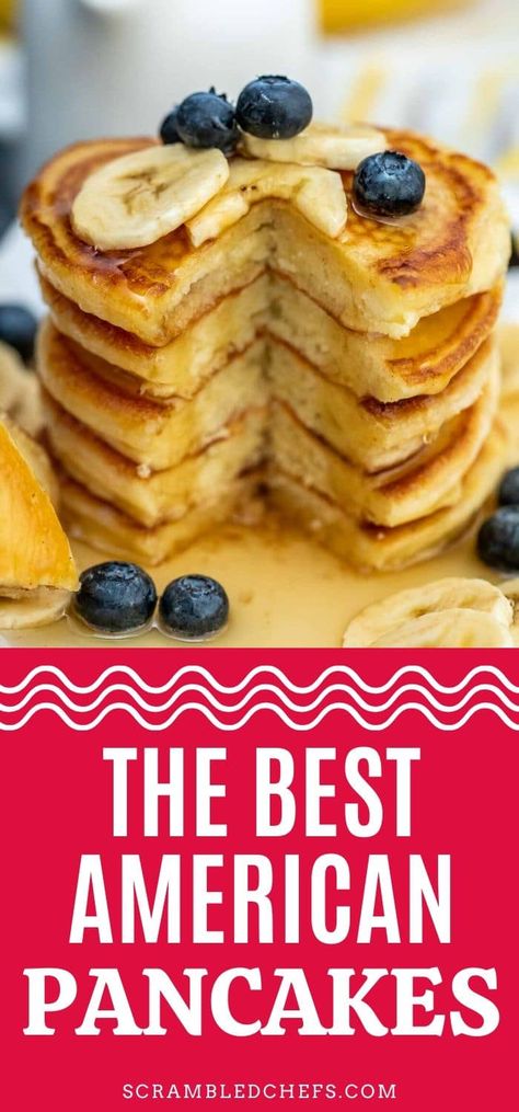 Serve up a plate of these light and fluffy classic American pancakes for breakfast! The easiest homemade pancake recipe you'll ever make! Customize these fluffy pancakes for breakfast or brunch. #Pancakes #AmericanPancakes #PancakeRecipe #Breakfast #Brunch Thick Pancake Recipe, Easy American Pancakes, American Pancakes Recipe, Easy Homemade Pancake Recipe, Breakfast Pancakes Recipe, Classic Pancake Recipe, Brunch Pancakes, Easy Homemade Pancakes, Flavored Pancakes