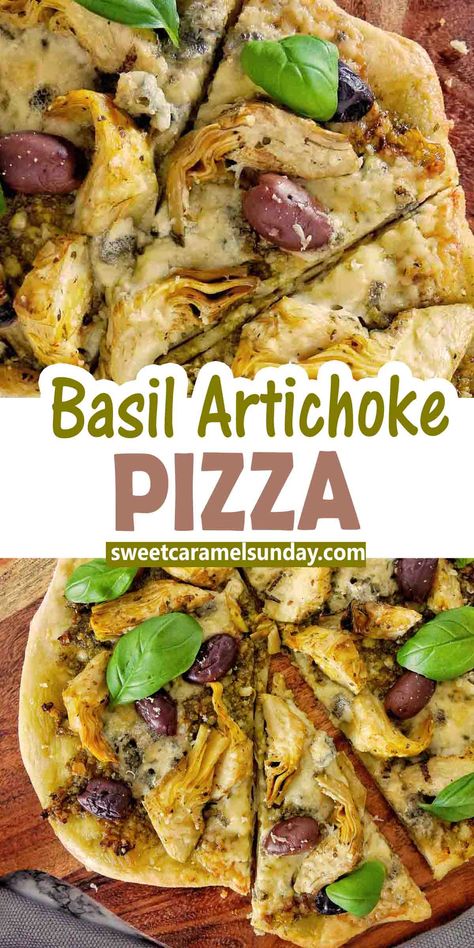 Basil Artichoke Pizza is quick, easy and delicious! Full of flavour, the pizza has a pesto sauce, artichoke, blue cheese and olive topping with fresh basil added for serving!#easyrecipe #pizza @sweetcaramelsunday Pesto Pizza Toppings, Healthy Vegetarian Lunch, Basil Pizza, Artichoke Pizza, Pesto Pizza, Vegetarian Main Dishes, Best Italian Recipes, Vegetarian Lunch, Healthy Food Options