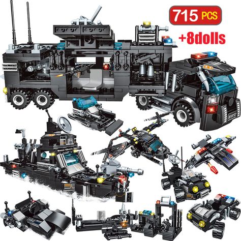 715pcs City Police Station Building Blocks Compatible Legoingly City SWAT Team Truck Blocks Educational Toy For Boys Children Lego Police Truck, Truck House, Mobile Command Center, Swat Police, Police Truck, Swat Team, Car Building, Diy Blocks, Building Blocks Toys