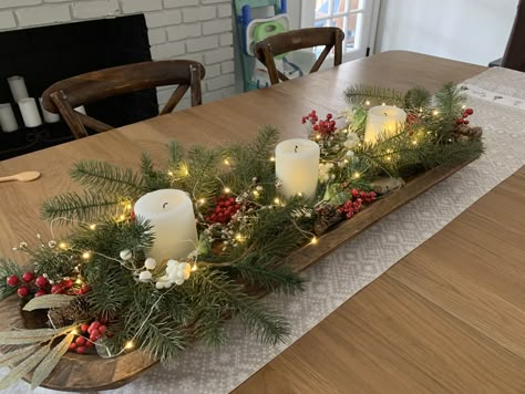 Wooden Dough Bowl Centerpiece Christmas, Christmas Centerpiece For Long Table, Christmas Dining Table Centerpiece Farmhouse, Christmas Dining Room Centerpiece, Dough Bowl Centerpiece Christmas, Christmas Table Centrepiece Ideas, Christmas Center Piece, Christmas Dough Bowl, Dough Bowl Christmas Centerpiece