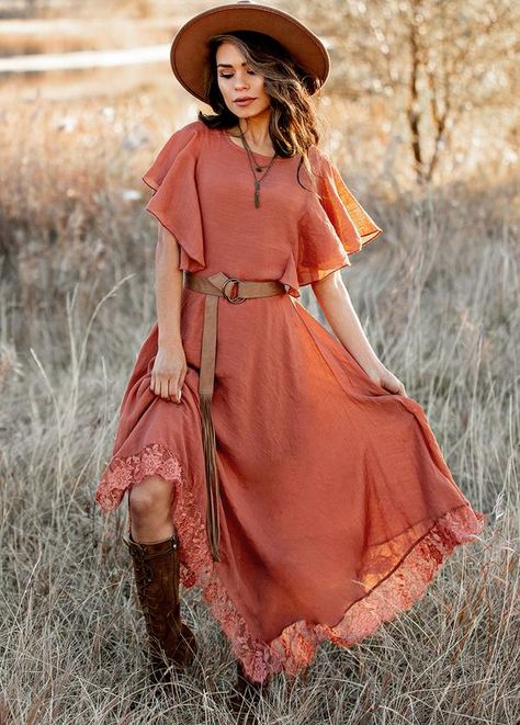 Cute Country Dresses, Looks Country, Estilo Country, Estilo Hippie, Country Dresses, Boho Chic Outfits, Long Skirts For Women, Frill Dress, Scoop Neck Dress