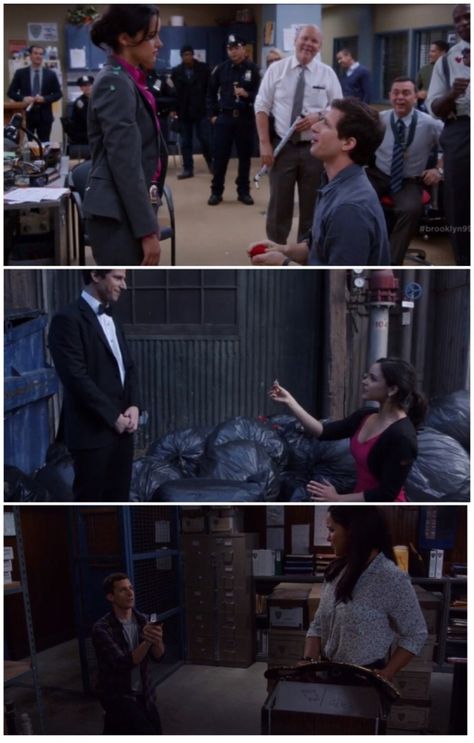 From their fake proposals to (finally!) their real one! Jake and Amy have got to be one of the best couples on television right now! Love them. ❤️ Eps: 1.13, 2.17, 5.4 #Brooklynninenine Jake Proposes To Amy, Jake And Amy Proposal, Brooklyn Nine Nine Halloween, Brooklyn Nine Nine Funny, Jake And Amy, Gina Linetti, Brooklyn 9 9, Best Couples, Amy Santiago