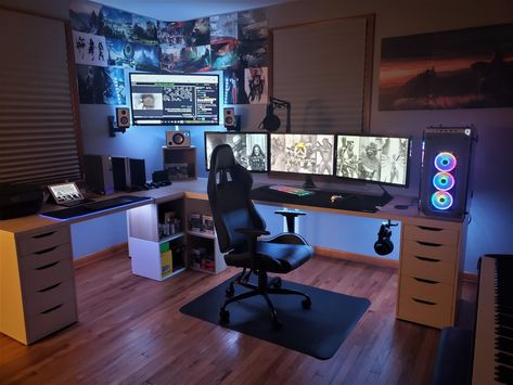 Computer Gaming Room, Home Studio Setup, Video Game Room Design, Video Game Rooms, Bedroom Setup, Computer Room, Gaming Room Setup, Gamer Room, Studio Setup