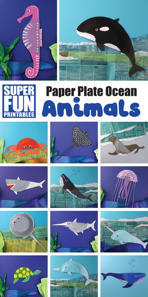 Make ocean animals from paper plates with these printable templates. Our ebook includes 14 marine animals with interesting facts about them so that kids can learn about the creatures while they make the craft. Includes seahorse, humpback whale, orca, jellyfish, swordfish, eagle ray, shark, turtle and more!  #oceananimals #kidscrafts #marineanimals #paperplate #paperplatecrafts #whalecraft #jellyfishcraft #dolphin #turtle #crab #seahorse #sharkcraft #swordfish #narwhal Sea Animal Crafts, Ocean Animal Crafts, Unicorn Diy, Whale Crafts, Shark Craft, Jellyfish Craft, Eagle Ray, Animal Templates, Ocean Activities