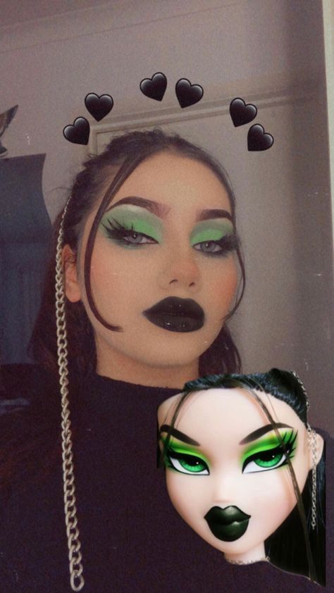 Bratz Halloween Makeup, Make Up Bratz, Bratz Halloween Costume Jade, Bratz Makeup Tutorial, Bratz Dolls Make Up, Bratz Cosplay, Brats Makeup Look, Makeup Bratz, Bratz Doll Makeup Halloween