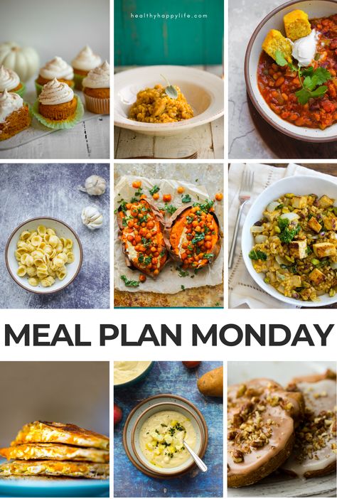 Vegan Meal Plan Monday: 10 Recipes for your Week Ahead - HealthyHappyLife.com Tempeh Reuben, Frosted Pumpkin Cookies, Pumpkin Risotto Recipes, Easy Vegan Chili, Lentil Sloppy Joes, October Food, Vegan Meal Plan, October Month, Fall Veggies