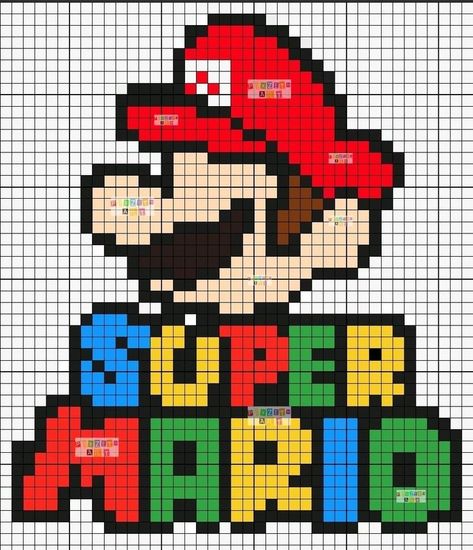 Mario Tapestry Crochet, Plastic Canvas Mario Bros Patterns, Cross Stitch Mario Bros, Pixel Art Mario Bros, Pixel Art Difficile, Super Mario Cross Stitch, Nintendo Pixel Art, Super Mario Pixel Art, Mario Cross Stitch