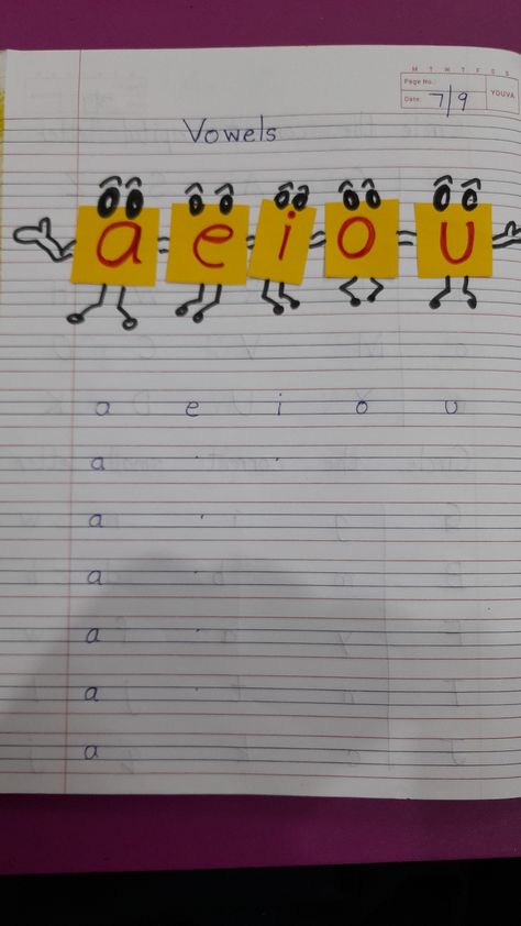 Vowels Kindergarten Notebook Ideas, Vowels Decoration Ideas, Lkg Activity Ideas, Copy Decoration Ideas School, Vowels Worksheet, Decorate Your Notebook, Teaching Cursive Writing, Spelling For Kids, Fun Worksheets For Kids