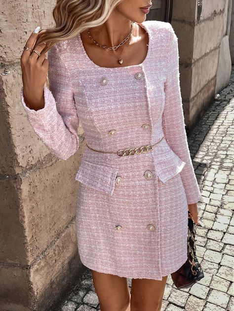 SHEIN Essnce Double Breasted Tweed Dress Without Belt | SHEIN USA White Tweed Dress, Pink Tweed Dress, Beachy Dresses, Houndstooth Dress, Preppy Casual, Mini Cami Dress, Summer Attire, Elegante Casual, Chic Sweaters