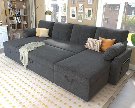 Sleeper Sofa, 110 inch Overisze Sofa Bed- 2 in 1 Pull Out Couch Bed, Sectional Sleeper Sofa with Double Storage Chaise for Living Room, Grey Chenille Couch Pullout Couch, Pull Out Couch Bed, Bed Mechanism, Linen Couch, Sleeper Couch, Living Room Furniture Styles, Pull Out Couch, Grey Linen Bedding, Storage Chaise