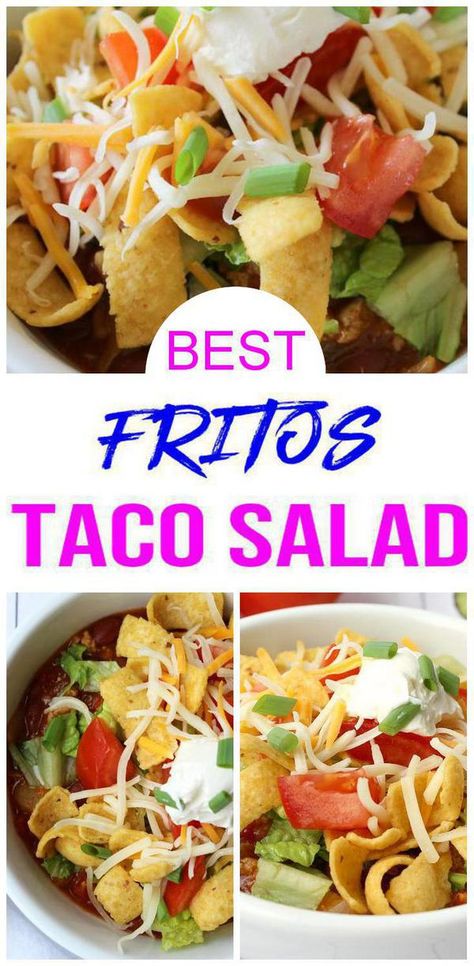 Make the most DELICIOUS Frito taco salad. Check out this Frito chip taco salad. Yummy homemade taco salad made w/ Frito corn chips. Like walking taco salad but made in a bowl. Easy bowl taco salad you can make in the slow cooker. Simple crockpot taco salad for 2021 New Years dinner or gameday appetizers. Quick family dinner or lunch kids love. Homemade ground beef recipe w/ cheese, chili beas & Rotel. For more #crockpot recipes see KimspiredDIY #dinner Taco Salad Easy, Corn Chip Salad, Family Dinner Recipes Kids, Dinners Summer, Frito Taco Salad, Frito Recipe, Easy Taco Salad Recipe, Taco Salad Bowls, Bowls Recipes