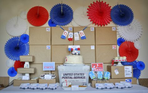 US Postal Service inspired party. Click. Ship. Party by Crossing The Bugger-Dixon Line. Post Office Party, Post Office Retirement, Postal Retirement, Birthday Mail, Office Themed Party, Truck Party Favors, Diy Mailbox, Diy Party Decor, Birthday Party Desserts