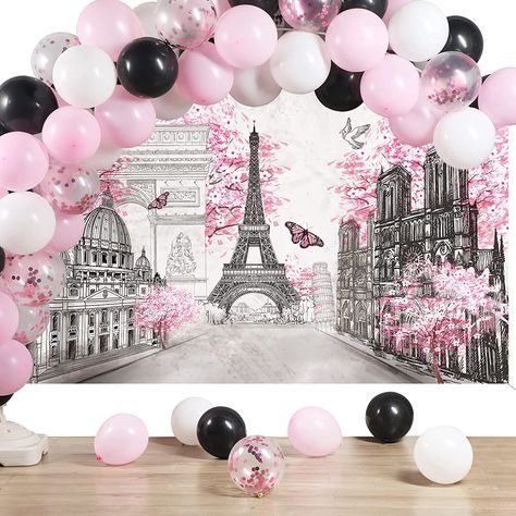 Paris Balloon Garland, Paris Themed Birthday Party Decoration, Black Balloon Arch, Paris Theme Party Decorations, Paris Brunch, Eiffel Tower Party, Paris Birthday Theme, French Themed Parties, Paris Themed Birthday Party