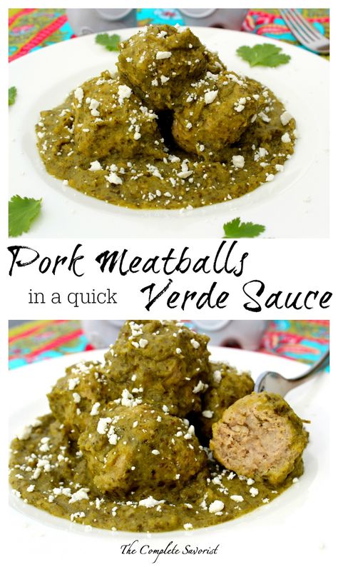 Pork Meatballs in a Quick Verde Sauce ~ Seasoned ground pork formed into meatballs and cooked in a simmering stove top verde sauce ~ The Complete Savorist Pasta Menu, Ground Pork Recipes, Chili Verde, Pork Recipes For Dinner, Verde Sauce, Top Verde, Pork Meatballs, Pork Dinner, Almond Meal