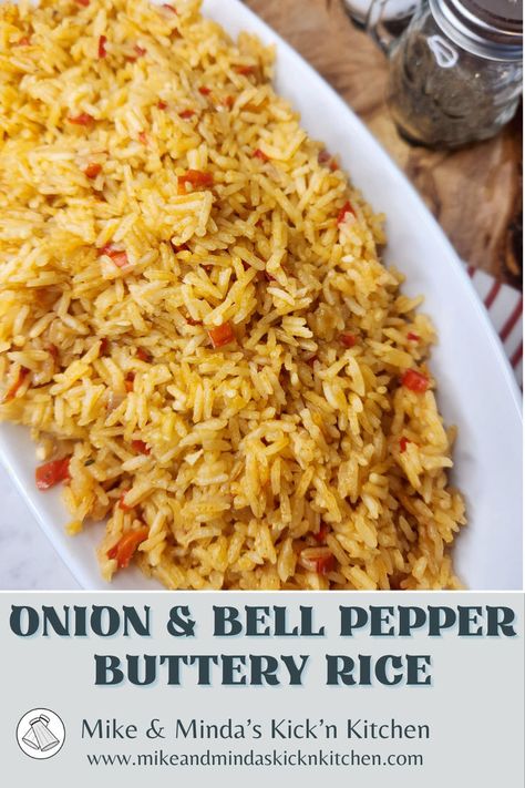 Are you in need of an easy side that goes great with any meal? Our Onion and Bell Pepper Buttery Rice is a must for dinner tonight. #dinnerparty #easydinnerrecipes #foodrecipes #pornfood #mealinspo #summersidedishes #springsidedishes #grilledchickensides #kicknkitchen Rice And Bell Pepper Recipe, Rice Bell Pepper Recipe, Roasted Red Pepper Rice, Rice Peppers And Onions, Soup With Leftover Rice, Bell Pepper And Onion Recipes, Healthy Jasmine Rice Recipes, Rice Sides For Fish, Peppers Recipes Side Dish