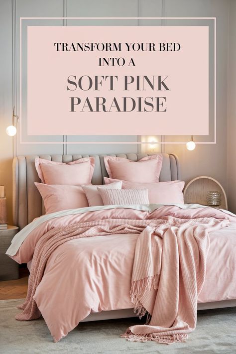 A bedroom featuring gradient pink bedding with blush and rose tones, layered with throw pillows, creating a soft and serene ambiance. Beige And Blush Bedroom, Pink Primary Bedroom, Beige And Pink Bedroom, Coral Pink Bedroom, Cream And Pink Bedroom, Pale Pink Bedroom, Pink And White Bedroom Ideas, Pink Bedding Sets, Blush And Gold Bedroom