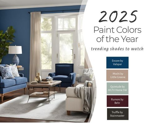 Get ready to refresh your space with the 2025 Paint Colors of the Year! 🎨✨ Here are the standout hues that we know about so far for 2025. Which color are you excited to try in your home this year? Let us know in the comments! 1️⃣ Encore by Valspar: A deep, versatile blue that suits any season and style, pairing beautifully with both classic and modern decor. 2️⃣ Mochi by Little Greene: A rich light brown with peachy pink undertones, this color is perfect for both historically-inspired home... Valspar Blue Paint Colors, Paint Colors Of The Year, Valspar Blue, Valspar Paint, Blue Paint Colors, Paint Colors For Living Room, Half Bath, Peachy Pink, Color Of The Year