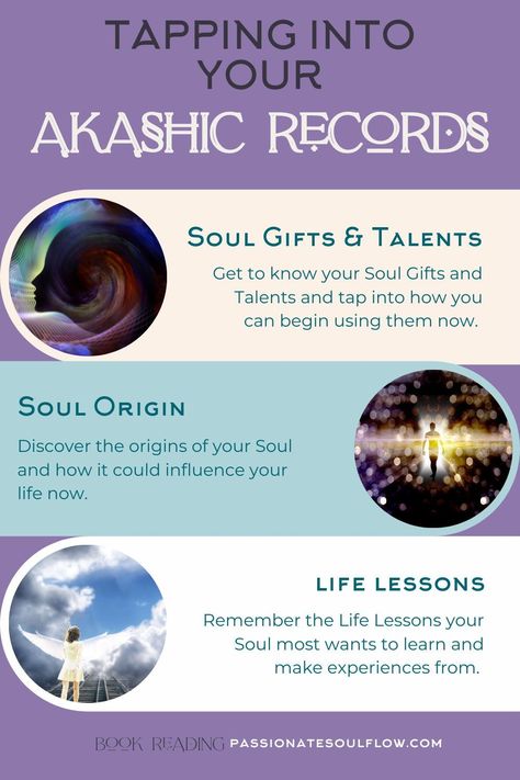 An Akashic Record Reading is for anyone who feels they are ready and would like to find out more about their: ✨Soul Gifts and Talents 📗Soul Trainings ✨Soul Origin 📗Most Influential Energies ✨Life Lessons 📗Influential Past Life Experiences Past Life Reading, Soul Collector Witch, Akashic Records Questions, How To Access Akashic Records, Akashic Field, Energy Psychology, Soul Contract, Spiritual Psychology, Spiritual Living