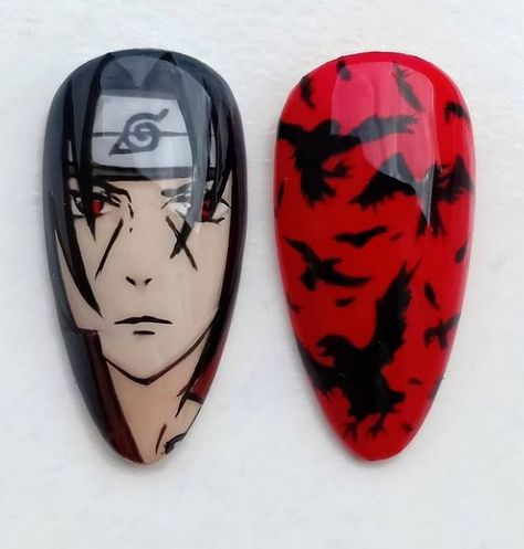 Sasuke Nail Art, Itachi Nail Art, Itachi Nails Design, Kakashi Nails, Itachi Nails, Naruto Nail Art, Naruto Nails, Nail Art Dessin, Anime Nail