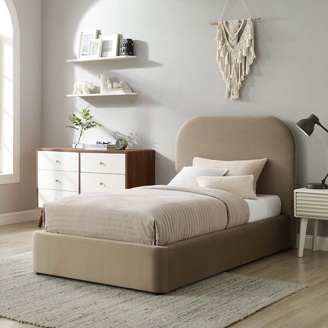 Keynote Performance Velvet Curved Twin Platform Bed - Bed Bath & Beyond - 40138552 Twin Bed Upholstered, Beige Room, Twin Size Bed Frame, Twin Size Bed, Foam Bed, Twin Platform Bed, Beige Bed, Twin Beds, King Bed Frame