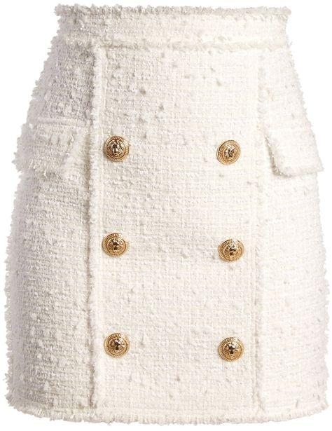 Balmain Button-embellished tweed mini skirt Balmain Dress Short, Kylie Jenner Balmain, Balmain 2020, Balmain Leather Jacket, White Ruffle Mini Skirt, Skirt Frill, Balmain Skirt, Frilled Skirt, Tweed Fashion