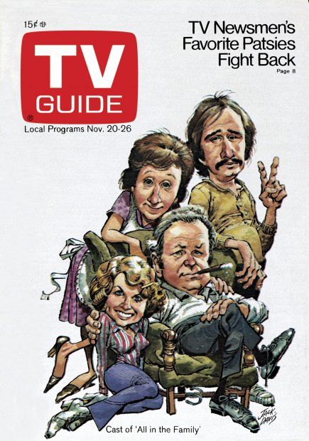 TV Guide November 20, 1971 - Jean Stapleton, Rob Reiner,  Sally Struthers and Carroll O'Connor of All In The Family.  Illustration by Jack Davis Jack Davis, 1970s Tv Shows, 70s Party, Family Tv, Celebrity Caricatures, Classic Television, All In The Family, Old Tv Shows, Vintage Tv