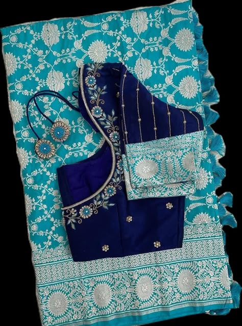 Ink Blue Blouse Designs, Banaras Saree Blouse Designs Latest, Pattu Blouse Designs Latest Without Work, Latest Fancy Blouse Designs Patterns, Pattu Sarees Latest Collection, Blue Saree Contrast Blouse, Simple Blouse Back Neck Designs, Contrast Blouse Designs, Maggam Work Blouse Designs Latest