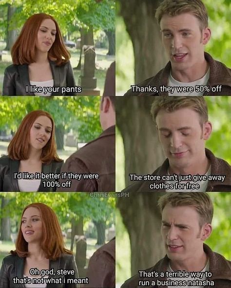 Oh, 100% I could see them having this interaction. I don't even ship them, like, at all, but it would be hilarious. Captain America Black Widow, Funny Marvel Memes, Black Widow Marvel, Avengers Memes, Marvel Jokes, Avengers Funny, Gaming Memes, Marvel Funny, Disney Funny