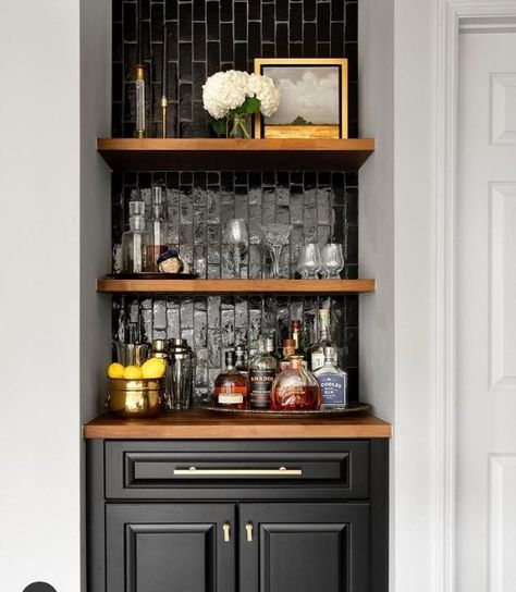 How To Set Up A Home Bar - Wondafox How To Decorate A Wet Bar, Tiny Built In Bar, Wet Bar Ideas With Sink Nook, Bar In Alcove Built Ins, Small Nook Bar Ideas, Home Bar Niche, Built In Mini Bar Nooks, Old Wet Bar Makeover, Closet To Bar Ideas