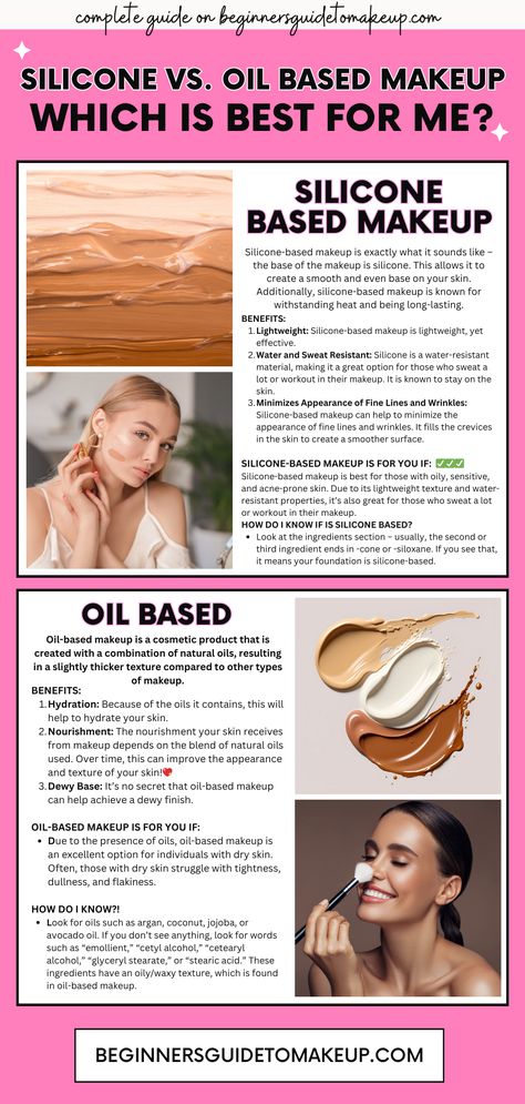 Silicone vs. Oil-Based Makeup: Have you been struggling with patchy makeup?! You’ve probably heard that silicone-based foundation and oil-based primer don’t work together. This can be confusing for makeup beginners, but don’t worry. By the end of this guide, you’ll know exactly what we’re talking about! Silicon Based Foundation, How To Foundation, Water Base Vs Silicone Base Makeup, Silicone Based Primer, Silicone Based Foundation, Patchy Makeup, Teaching Makeup, Cvs Makeup, Makeup Theory