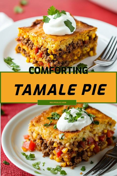 I love digging into this comforting tamale pie filled with flavorful ground beef, corn, and red peppers. Topped with a creamy dollop of sour cream and fresh cilantro, it's the perfect hearty meal for any occasion. Trust me, this will become a family favorite! Desert Tamales, Tamale Recipes, Tamale Pie Recipe, Dinner Pies, Tamale Recipe, Tamale Pie, Hearty Meal, Mexican Cooking, Hearty Meals