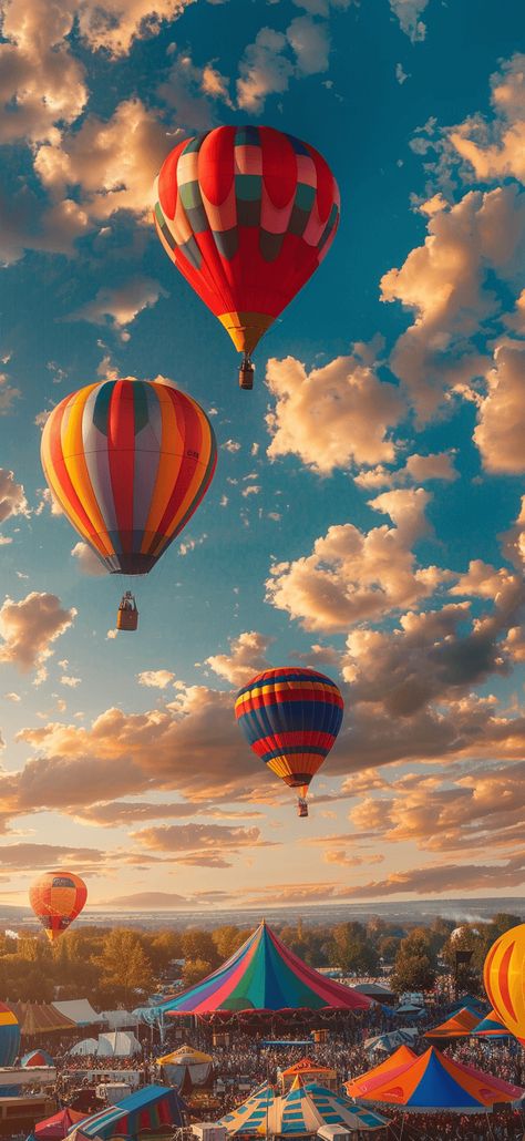 Hot air balloons floating over a summer festival with colorful tents, depicted in lifelike photo quality. Busy Images, Summer Wallpaper Iphone, Hot Air Balloons Art, Hot Air Balloon Festival, Stunning Scenery, Mom Lifestyle, Nature Wallpapers, Cap Ferret, Hot Air Balloons