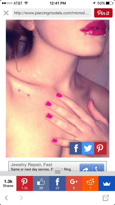 Love the collarbone dermals! Clavicle Piercing, Tongue Piercings, Button Piercing, Tongue Piercing, Belly Button Piercing, Jewelry Repair, Belly Button, Piercings, Repair