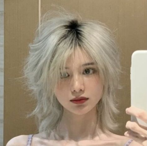 White Hair Haircut, White Hair Nonbinary, White Wolfcut Hair, White Jellyfish Haircut, Black And White Hairstyles Short, White Hair With Black Roots, Fluffy Jellyfish Haircut, White Hair Wolf Cut, Short White Hair Aesthetic