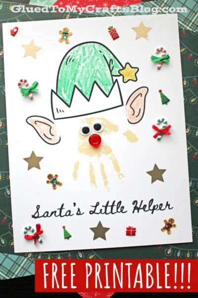 Easy Handprint Elf Craft Idea - Glued To My Crafts Elf Handprint Art, Elf Craft For Toddlers, Elf Art For Toddlers, Christmas Gnome Handprint Craft, Handprint Gnome Crafts For Kids, Elf With Kids Face Craft, Preschool Elves, Christmas Handprint Crafts, Handprint Christmas Tree