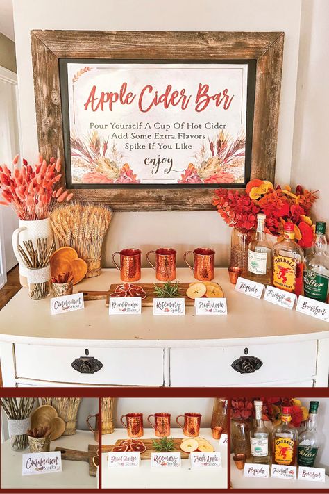 Everything you need for a festive Apple Cider Bar / Fall Drink Station - Make your own apple cider with labels for add ins, toppings and spiking. Perfect for Fall Parties, Halloween, Thanksgiving, Friendsgiving, Fakesgiving Friendsgiving Drink Station, Thanksgiving Drink Station Ideas, Hot Apple Cider Bar Ideas, Thanksgiving Beverage Station, Fall Drink Station, Apple Cider Bar Ideas, Cider Bar Ideas, Apple Cider Bar Ideas Fall, Fall Resident Events