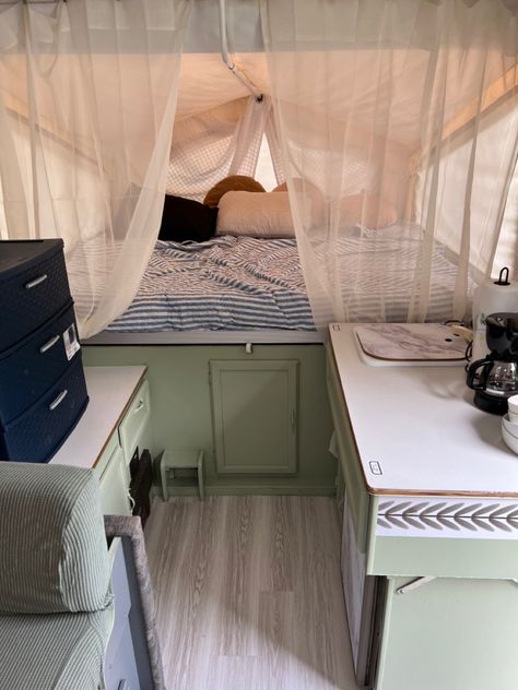 Old Pop Up Camper Remodel, Green Pop Up Camper Interior, Pop Up Camper Remodel Color Schemes Boho, Rustic Pop Up Camper Remodel, Vintage Pop Up Camper, Boho Pop Up Camper, Hippie Camper Interior, Pop Up Camper Interior Ideas, Palomino Pop Up Camper Makeover