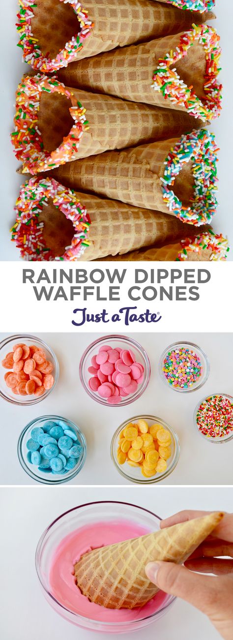 Rainbow Dipped Waffle Cones #recipe from justataste.com #summer Dipped Waffle Cones, Waffle Cones Recipe, Waffle Cone Recipe, Awesome Desserts, Ice Cream Dessert, Waffle Cone, Cold Treats, Fruit Party, Fruit Cups