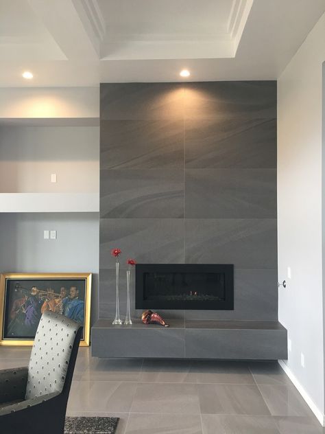 Tiled Fireplace Wall, Tile Around Fireplace, Grey Flooring Living Room, Lake House Living Room, Grey Fireplace, Granite Fireplace, Slate Fireplace, Tile Fireplace, Fireplace Tile Surround