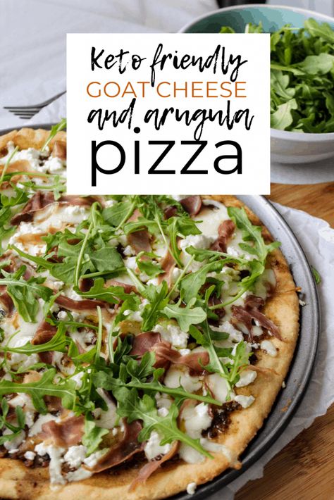 Keto friendly pizza with the best low carb pizza crust and topped with balsamic pizza sauce and prosciutto, goat cheese, and arugula! Keen for Keto | keto pizza | almond flour pizza dough Low Carb Pizza Dough, Pizza Crust Keto, Balsamic Pizza, Grain Free Pizza Crust, Prosciutto Goat Cheese, Olive Oil Pizza, Prosciutto Pizza, Goat Cheese Pizza, Baked Avocado